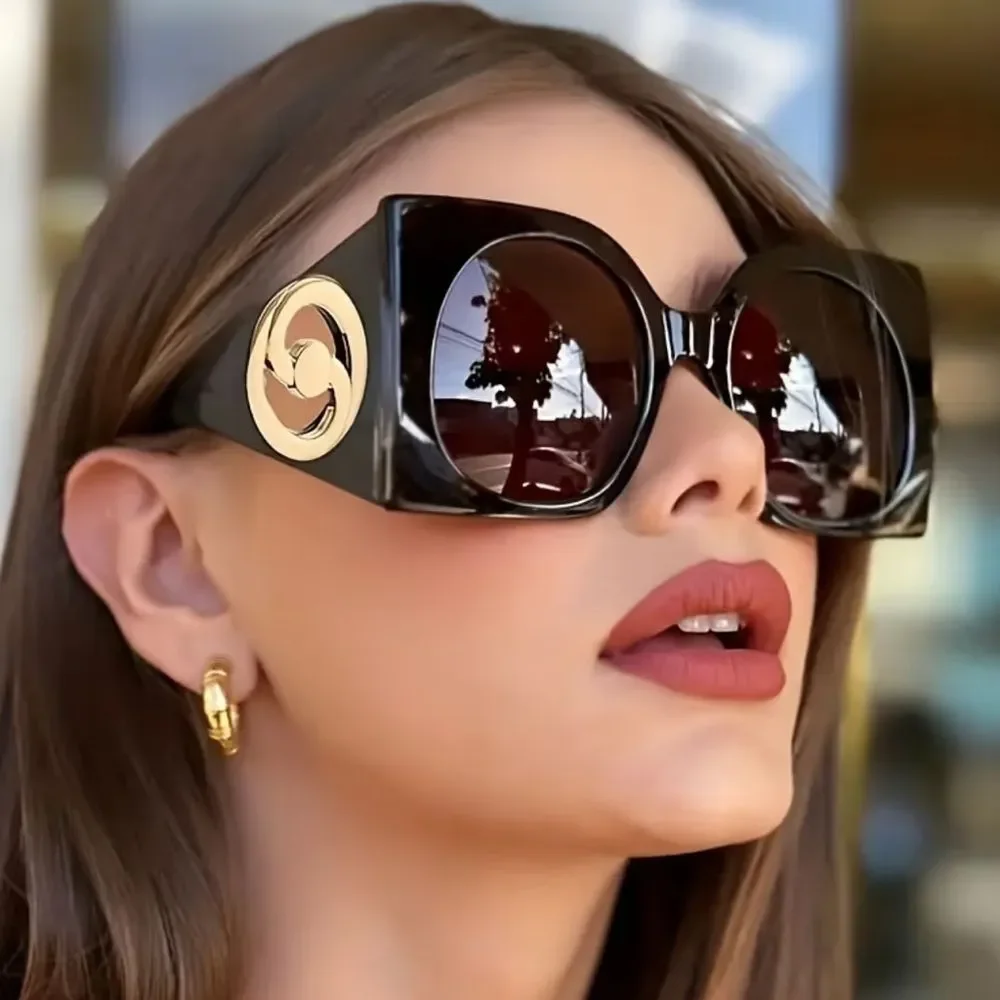 Oversized Black Square Sunglasses with Gold Logo Accent